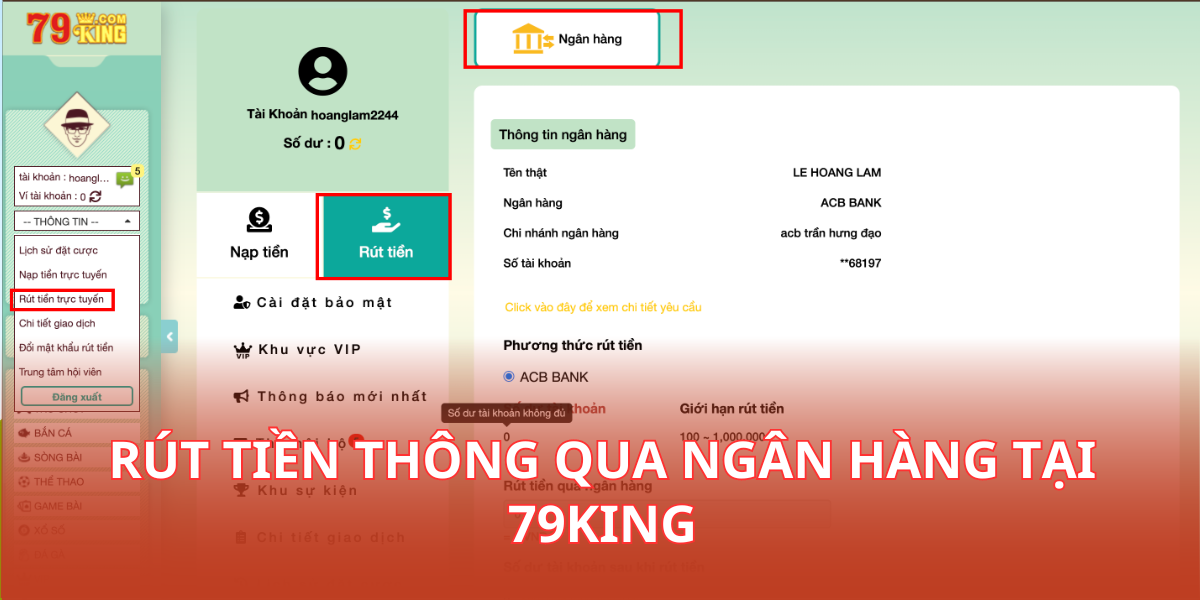 Rút tiền thông qua ngân hàng tại 79king