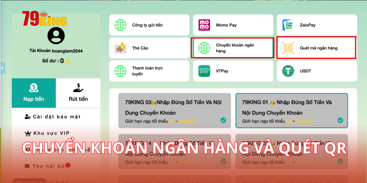 Giao diện khi thực hiện thông qua hình thức chuyển khoản và quét mã QR