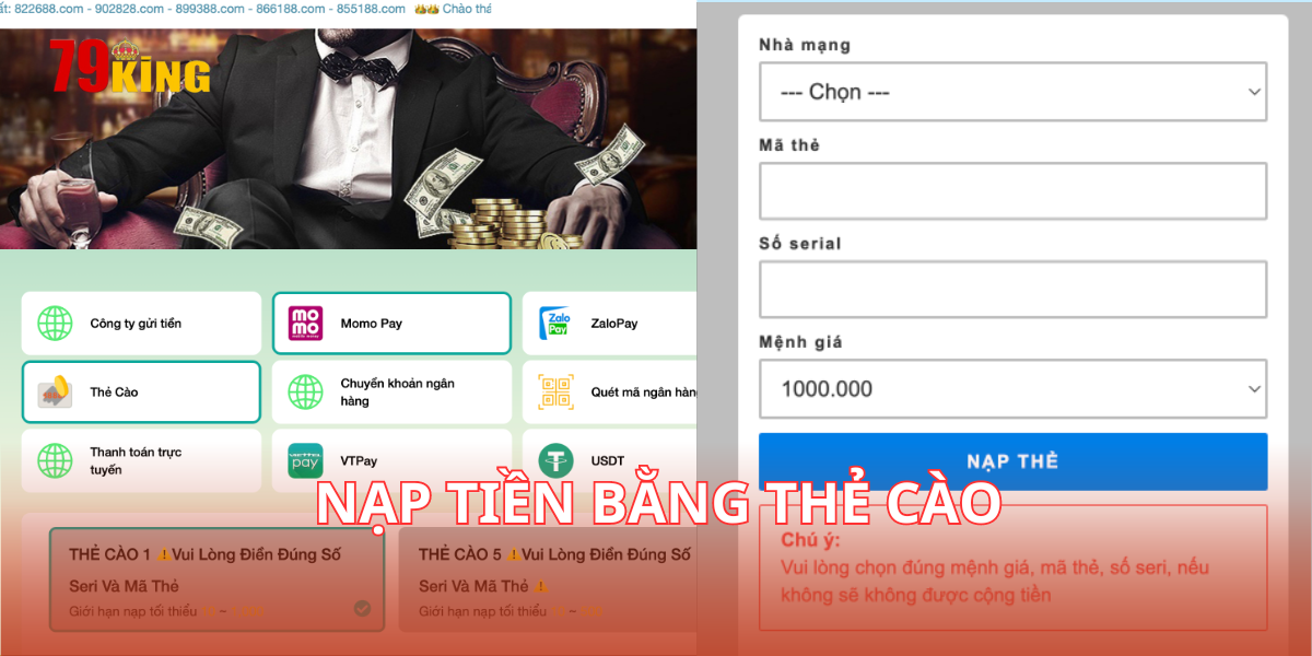 Nạp tiền bằng thẻ cào tại sảnh cược